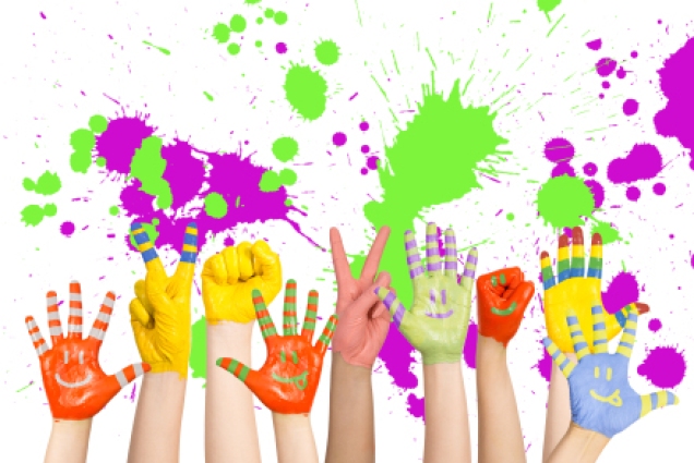 children's hands, paint splatters